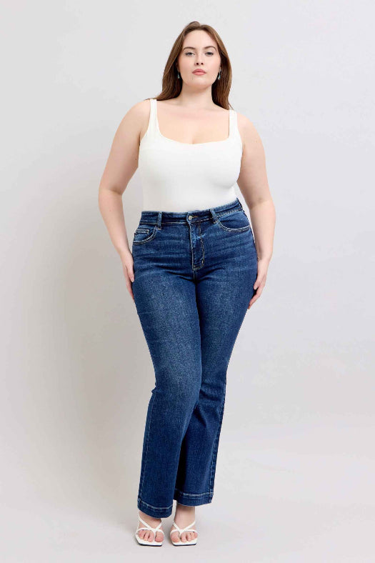 Jacqueline Judy Blue Flare Jeans – High Rise Stretch Denim in Dark Wash