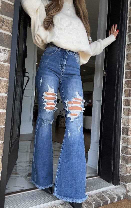 Viral Lainey Tummy Control Flare Jeans – High Waisted Distressed Denim in Dark Wash