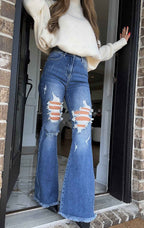 Viral Lainey Tummy Control Flare Jeans – High Waisted Distressed Denim