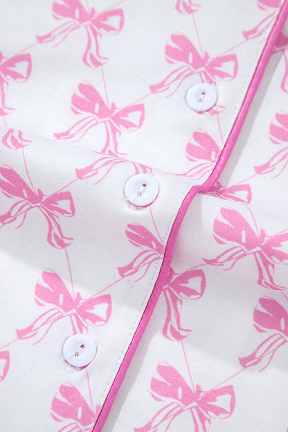 Pink Bowknot Printed Short Sleeve and Ruffled Shorts Pajama Set