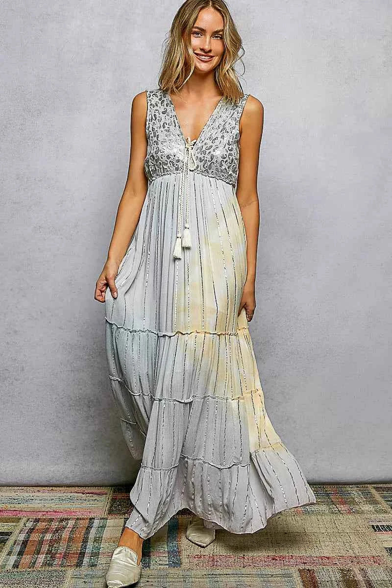 POL Deep V Sleeveless Cotton Bohemian Tiered Maxi Dress