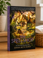The Spellshop by Sarah Beth Durst paperback cozy fantasy novel featuring a magical cottage surrounded by flowers, trees, and enchanted woodland scenery.