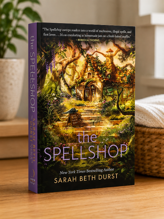 The Spellshop by Sarah Beth Durst paperback cozy fantasy novel featuring a magical cottage surrounded by flowers, trees, and enchanted woodland scenery.