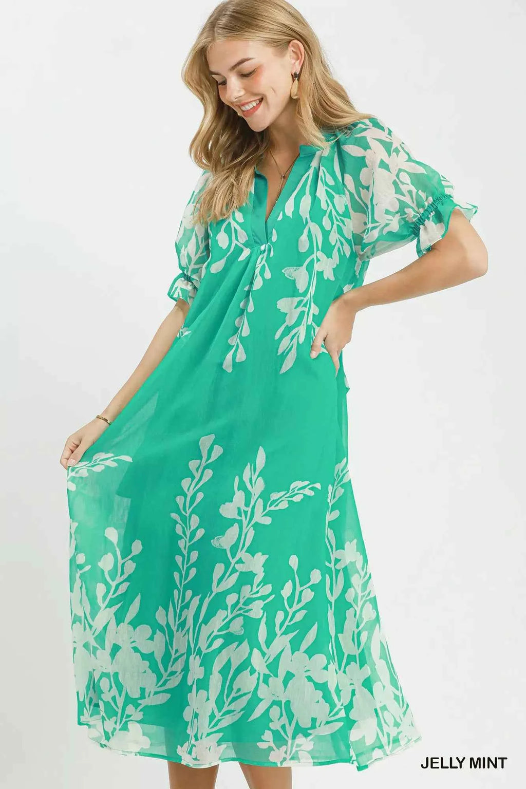 Umgee Floral Print Tie Waist Midi Dress with Side Pockets
