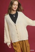 Umgee cable knit pearl button cardigan – front view