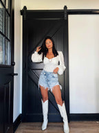 Lindsey Asymmetrical Distressed Shorts – Acid Light Wash Denim Shorts