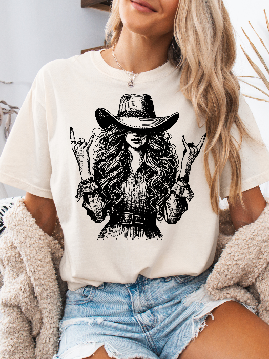 Women’s Lainey Cool Cowgirl graphic tee featuring an original Willow Boutique Western design on a relaxed-fit Comfort Colors® 100% cotton T-shirt in Ivory