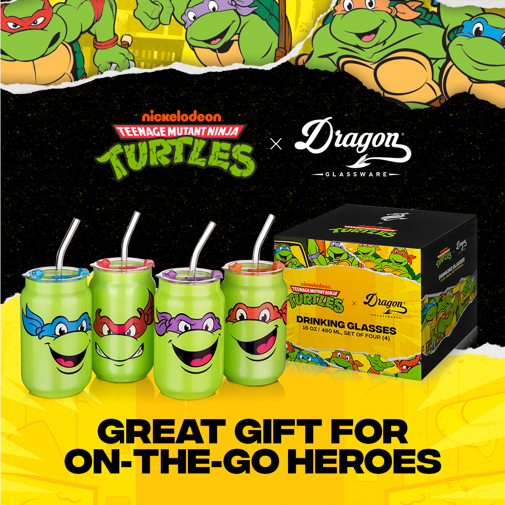 Set of four officially licensed Teenage Mutant Ninja Turtles 16-ounce glass drinking cups featuring Leonardo, Donatello, Michelangelo, and Raphael with reusable lids and straws.