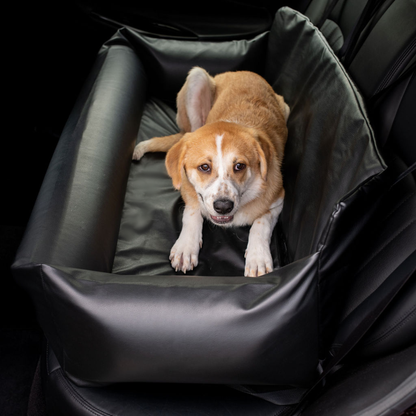 PupProtector™ Faux Leather Dog Car Bed – Memory Foam Booster Seat with Safety Straps, Waterproof Liner & Removable Cover -  Black