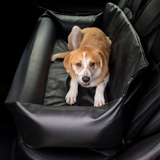 PupProtector™ Faux Leather Dog Car Bed – Memory Foam Booster Seat with Safety Straps, Waterproof Liner & Removable Cover -  Black