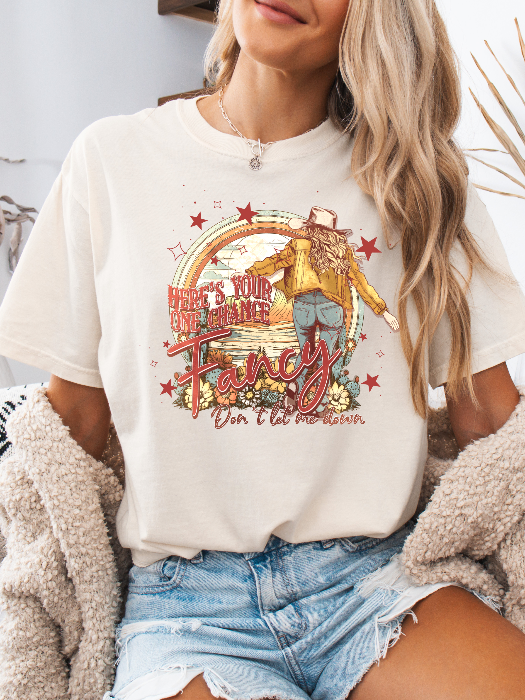 Women’s Fancy graphic tee featuring a Here’s Your One Chance Fancy country-inspired design on a relaxed-fit Comfort Colors® 100% cotton T-shirt in Ivory