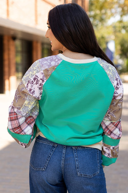 Aruba Plaid & Paisley Raglan Patchwork Top – Contrast Color Block Tee