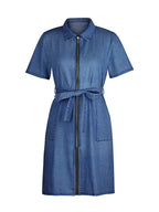 Fia Full Size Zip Front Short Sleeve Denim Dress (Available in Plus Size) in Color Dark Blue