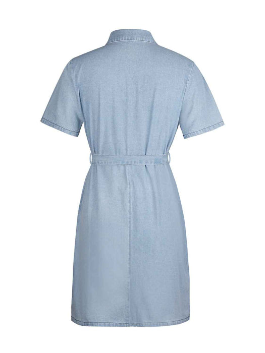 Fia Full Size Zip Front Short Sleeve Denim Dress (Available in Plus Size) in Color Light Blue