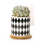 Black and White Planters Set – Ceramic Planters with Bamboo Trays