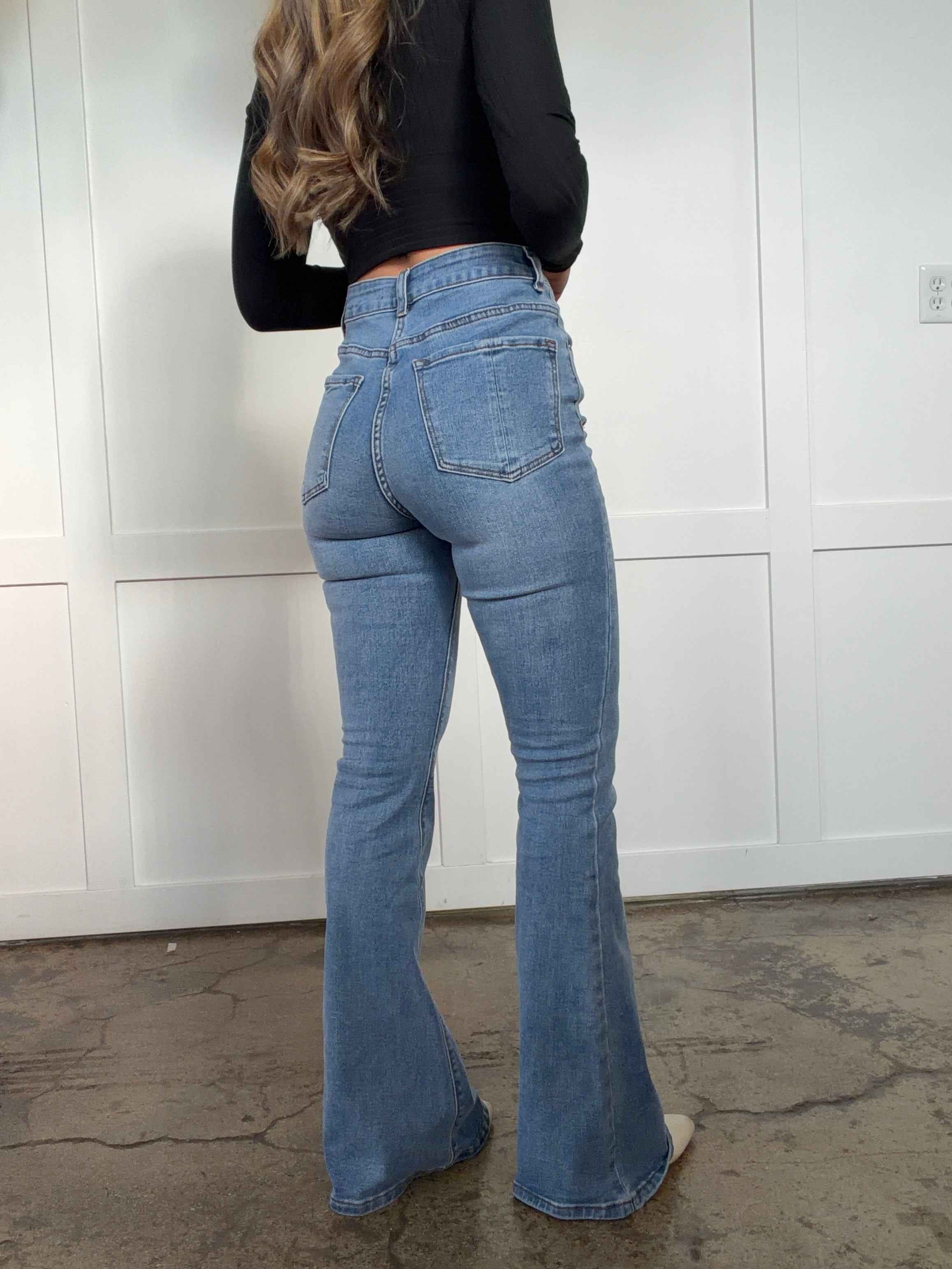 Danny Medium Wash Flare Jeans – High Rise Stretch Denim