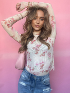 Floral Mesh Long Sleeve Top in Cream