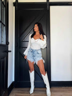 Lindsey Asymmetrical Distressed Shorts – Acid Light Wash Denim Shorts