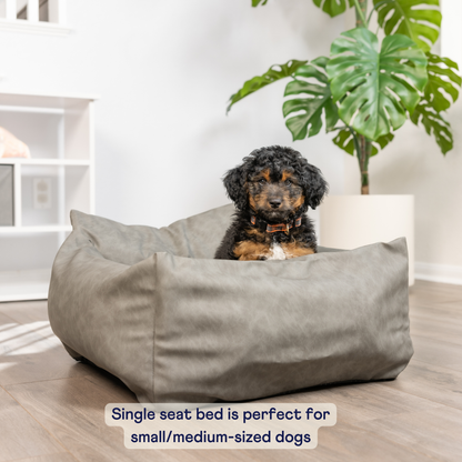 PupProtector™ Faux Leather Dog Car Bed – Memory Foam Booster Seat with Safety Straps, Waterproof Liner & Removable Cover