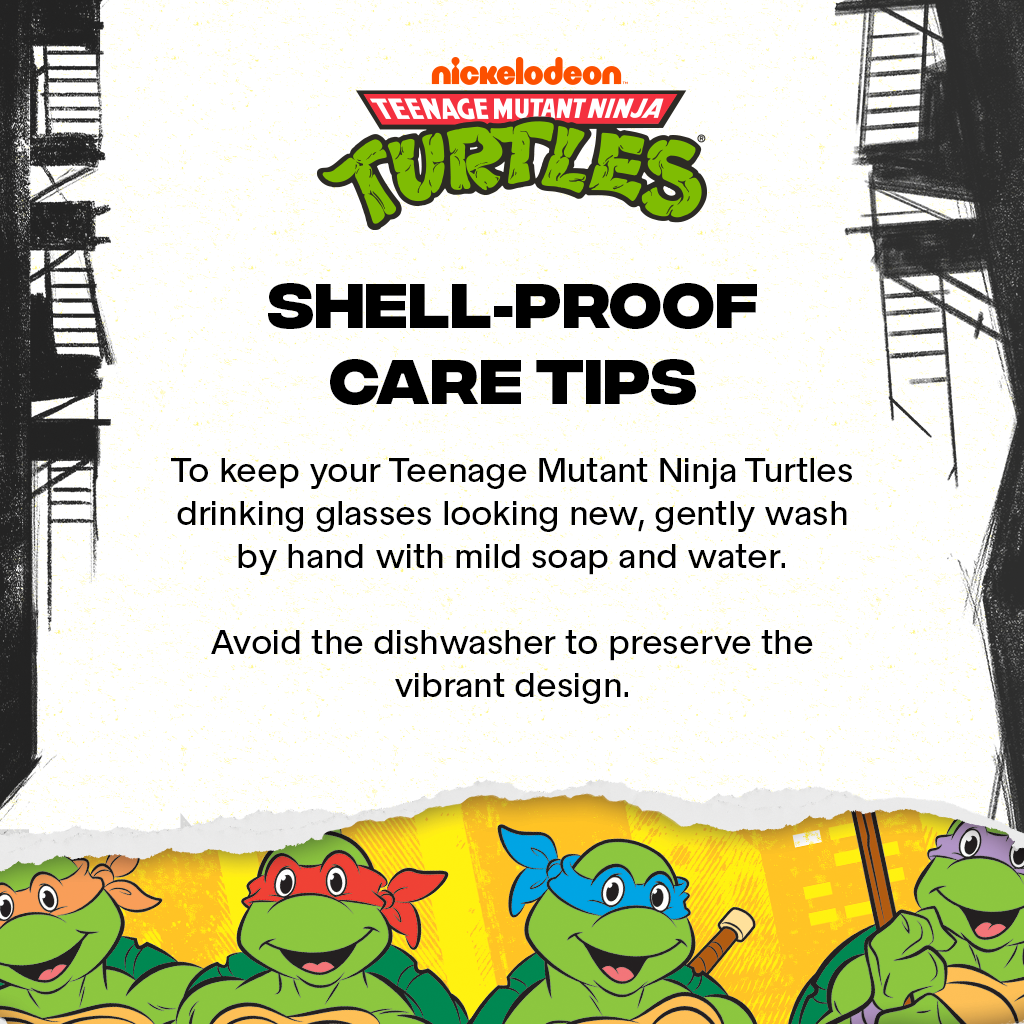 Set of four officially licensed Teenage Mutant Ninja Turtles 16-ounce glass drinking cups featuring Leonardo, Donatello, Michelangelo, and Raphael with reusable lids and straws.
