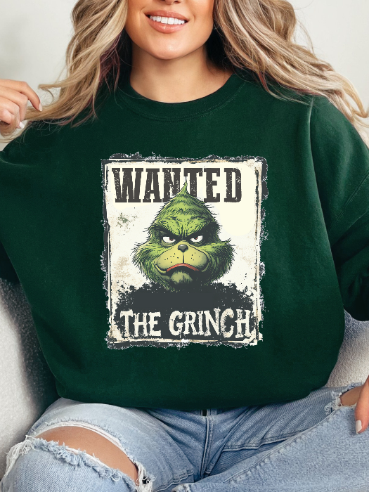 Holiday Mischief Wanted Grinch Inspired Graphic Crewneck in Green