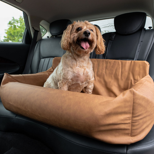 PupProtector™ Faux Leather Dog Car Bed – Memory Foam Booster Seat with Safety Straps, Waterproof Liner & Removable Cover - Camel