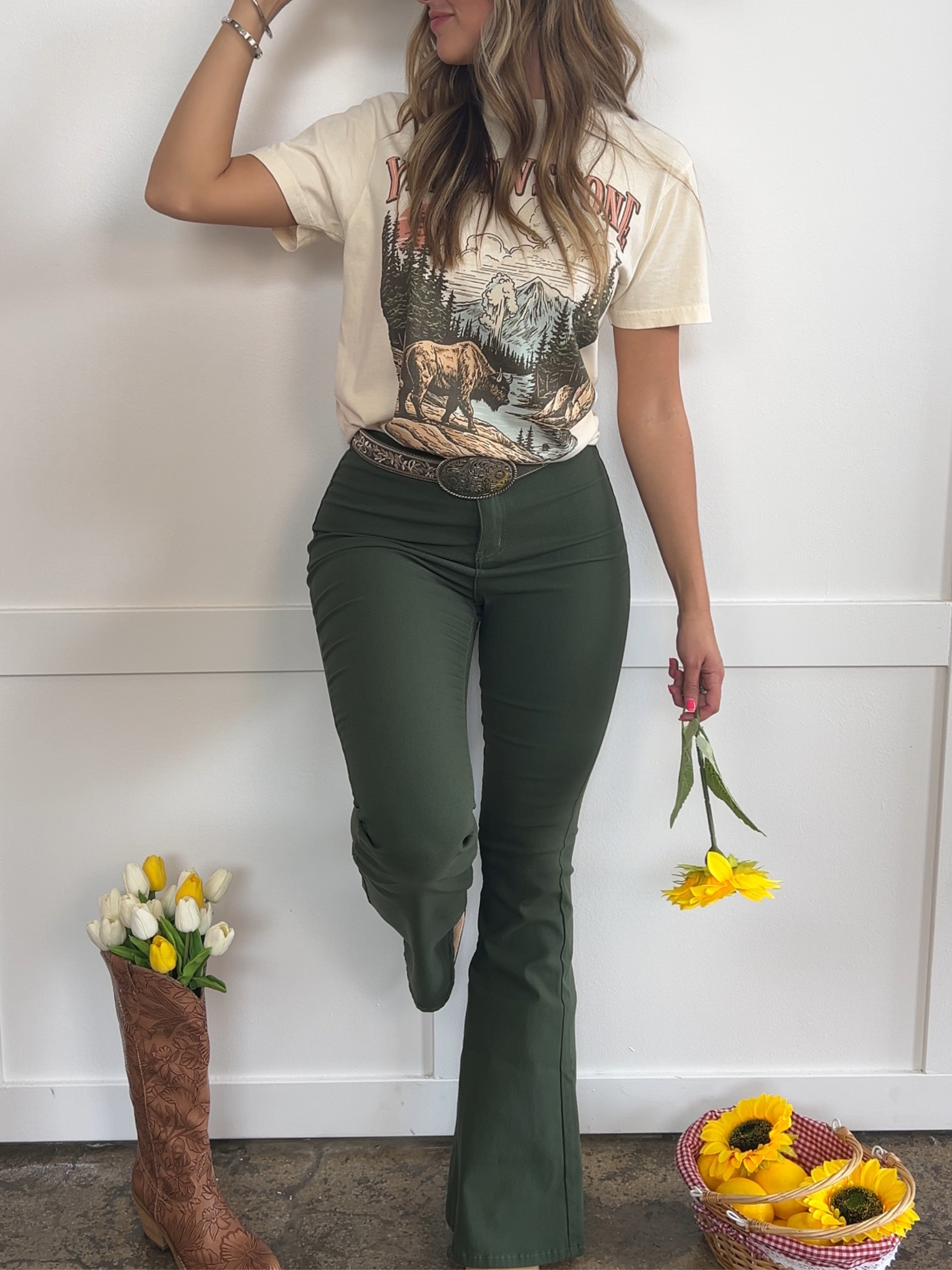 Fiona High Waisted Bell Bottom Flare Jeans – Olive Stretch Denim