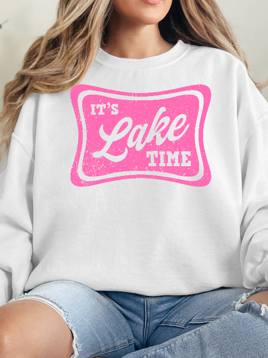 Lake Time Graphic Tee printed on premium Comfort Colors 100% cotton featuring an exclusive Willow Boutique design, perfect for lake weekends, boating, camping, and relaxed summer style. Crewneck in White