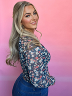 Floral Mesh Long Sleeve Top in Blue