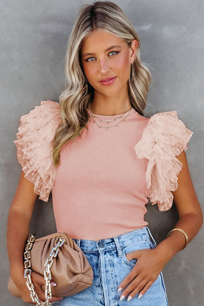 Slim Fit Mesh Sleeve Ribbed Top – Summer Solid Color Casual Blouse