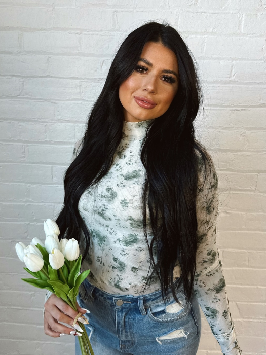 Floral Mesh Long Sleeve Top in Green