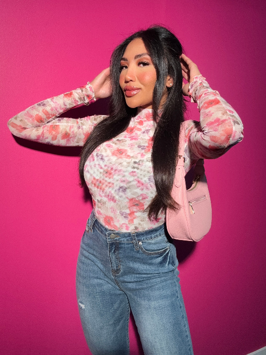 Floral Mesh Long Sleeve Top in Magenta