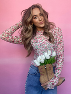 Floral Mesh Long Sleeve Top in Pink