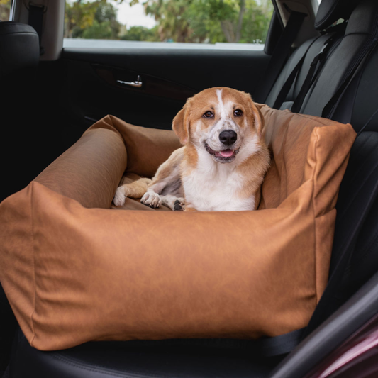 PupProtector™ Faux Leather Dog Car Bed – Memory Foam Booster Seat with Safety Straps, Waterproof Liner & Removable Cover - Camel