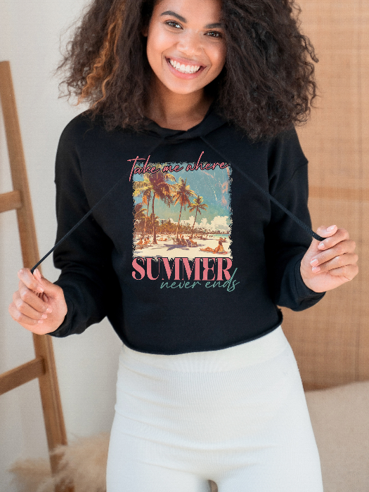Take Me Where Summer Never Ends Graphic Tee Cropped Hoodie in Black