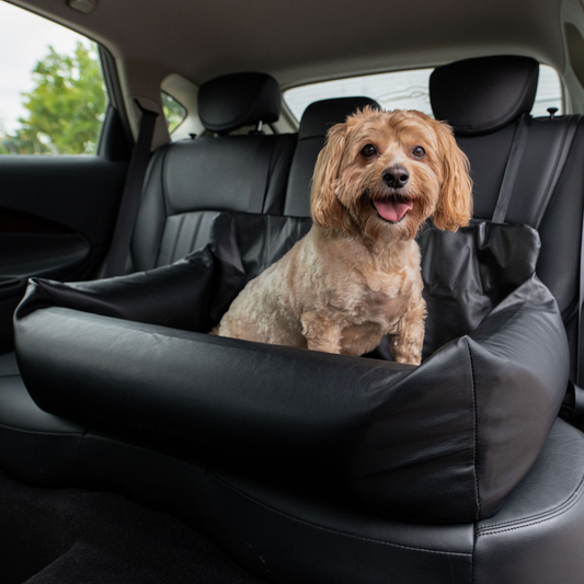 PupProtector™ Faux Leather Dog Car Bed – Memory Foam Booster Seat with Safety Straps, Waterproof Liner & Removable Cover -  Black