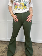 Fiona High Waisted Bell Bottom Flare Jeans – Olive Stretch Denim