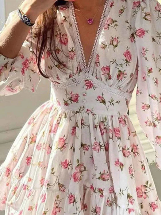 Sarina Lace Detail V-Neck Balloon Sleeve Dress featuring delicate lace accents, elegant balloon sleeves, a flattering V-neckline, and a flowy silhouette, perfect for weddings, bridal showers, church, and special occasions. Color Blush Pink