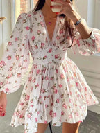 Sarina Lace Detail V-Neck Balloon Sleeve Dress featuring delicate lace accents, elegant balloon sleeves, a flattering V-neckline, and a flowy silhouette, perfect for weddings, bridal showers, church, and special occasions. Color Blush Pink