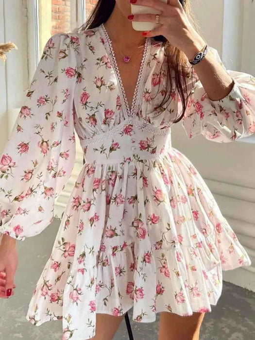 Sarina Lace Detail V-Neck Balloon Sleeve Dress featuring delicate lace accents, elegant balloon sleeves, a flattering V-neckline, and a flowy silhouette, perfect for weddings, bridal showers, church, and special occasions. Color Blush Pink