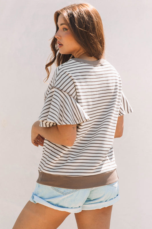 Contrast Detail Striped Ruffle Short Sleeve Top in Parchment