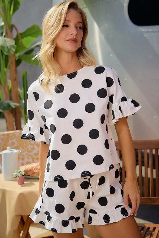 BiBi Polka Dot Ruffle Top & Shorts Set | Women's Cotton Two-Piece Lounge Outfit