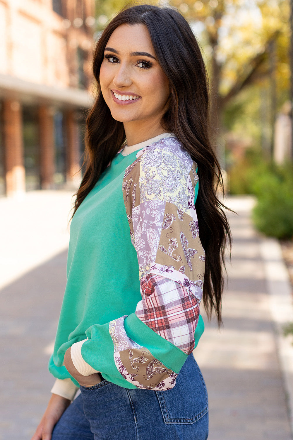 Aruba Plaid & Paisley Raglan Patchwork Top – Contrast Color Block Tee