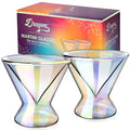 Set of two iridescent 7 oz stemless martini glasses by Dragon Glassware with double-wall insulated glass and a shimmering color-shifting finish.
