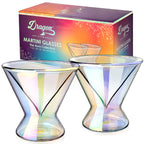 Set of two iridescent 7 oz stemless martini glasses by Dragon Glassware with double-wall insulated glass and a shimmering color-shifting finish.