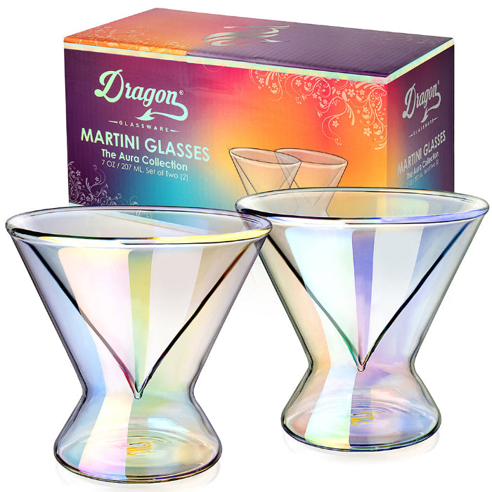 Set of two iridescent 7 oz stemless martini glasses by Dragon Glassware with double-wall insulated glass and a shimmering color-shifting finish.