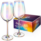 Set of two Dragon Glassware 17.5 oz stemmed wine glasses made from lead-free crystal glass with a shimmering iridescent Aura finish.