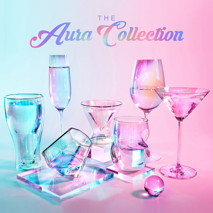 Set of two Dragon Glassware 17.5 oz stemmed wine glasses made from lead-free crystal glass with a shimmering iridescent Aura finish.