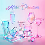 Set of two iridescent 7 oz stemless martini glasses by Dragon Glassware with double-wall insulated glass and a shimmering color-shifting finish.