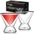 Set of two crystal-clear 7-ounce stemless martini glasses with double-wall insulated construction for cocktails, espresso martinis, and spirits.